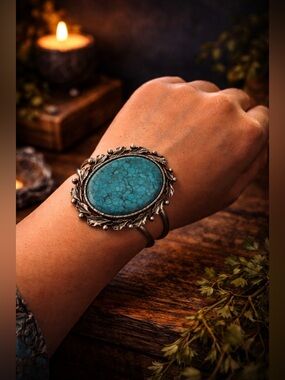 VINTAGE Silver Tone Large Faux Turquoise Acrylic Cuff Bracelet Intricate Detail